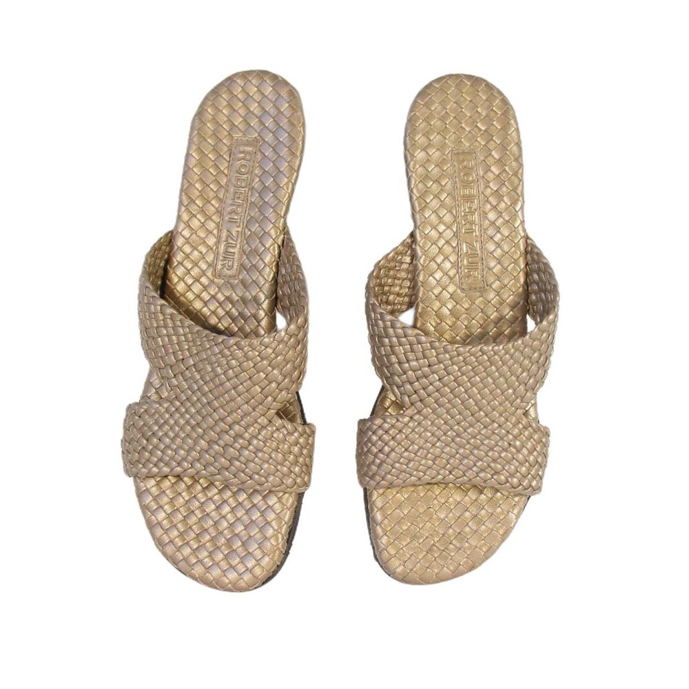 ROBERT ZUR Tamara $250 Woven Gold Leather Wedge Slide Sandals Women's 10 - NWOB - Picture 2 of 9